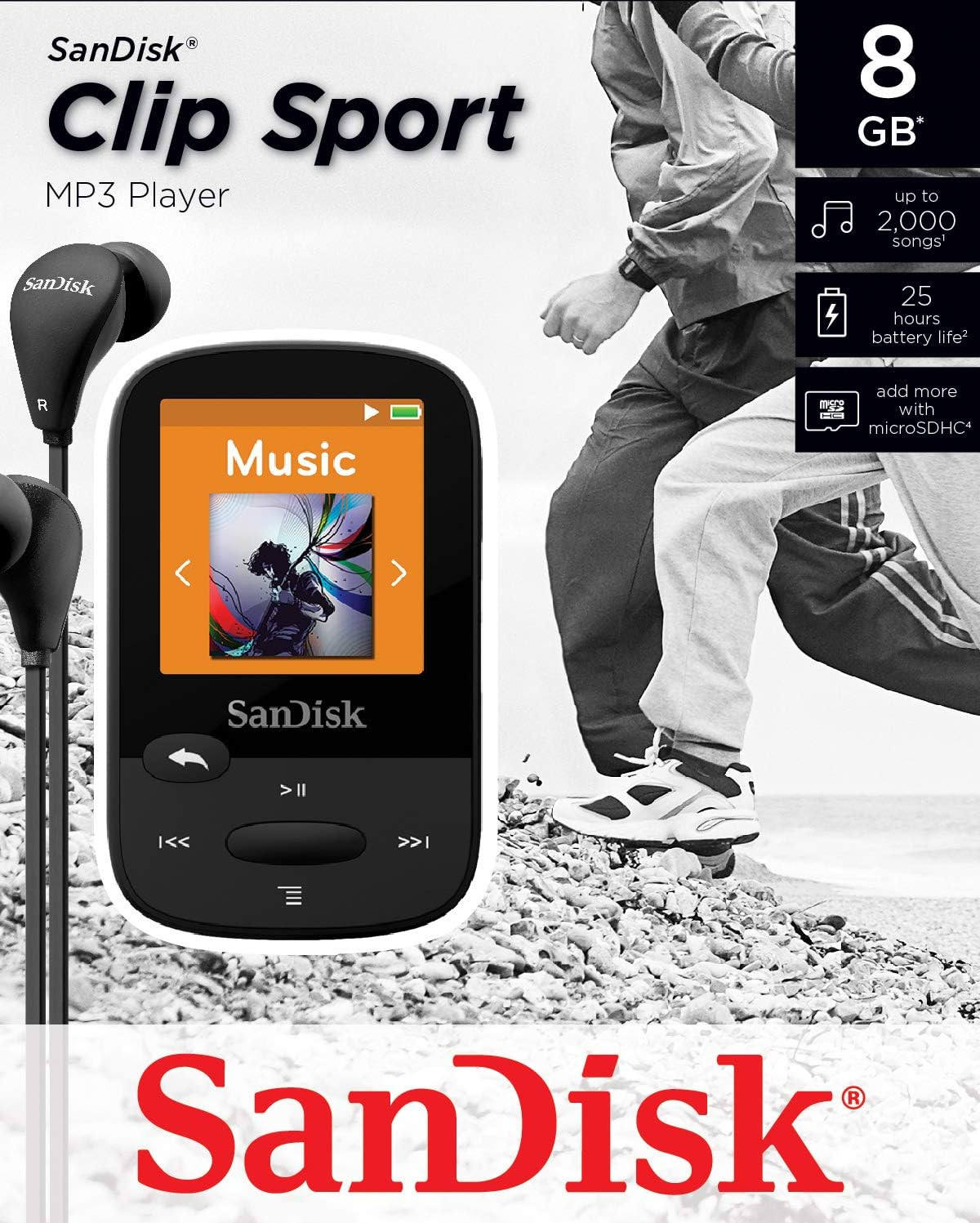 SanDisk 8GB Clip Sport MP3 Player, Black - LCD Screen and FM Radio
